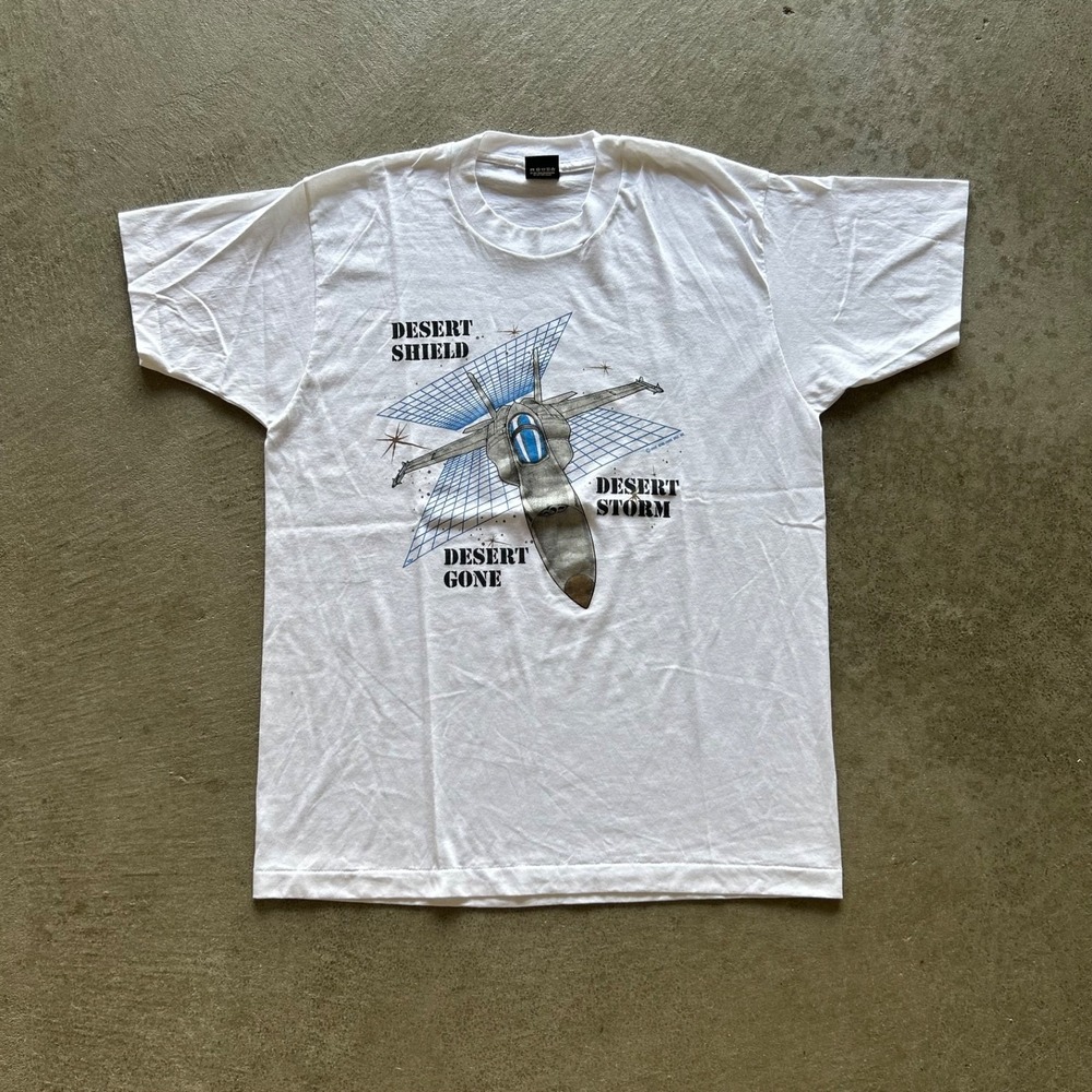 Vintage 90s Desert Storm Shirt Size XL White Fighter Jet Desert Shield Military